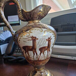 Belgium Ewer Ceramic Pitcher Hand Painted w Stag Deer Doe Buck Marked 1276 EUC